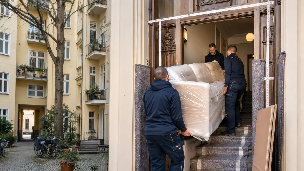 Geschütztes Sofa wird durch einen Berliner Altbau-Hinterhof getragen