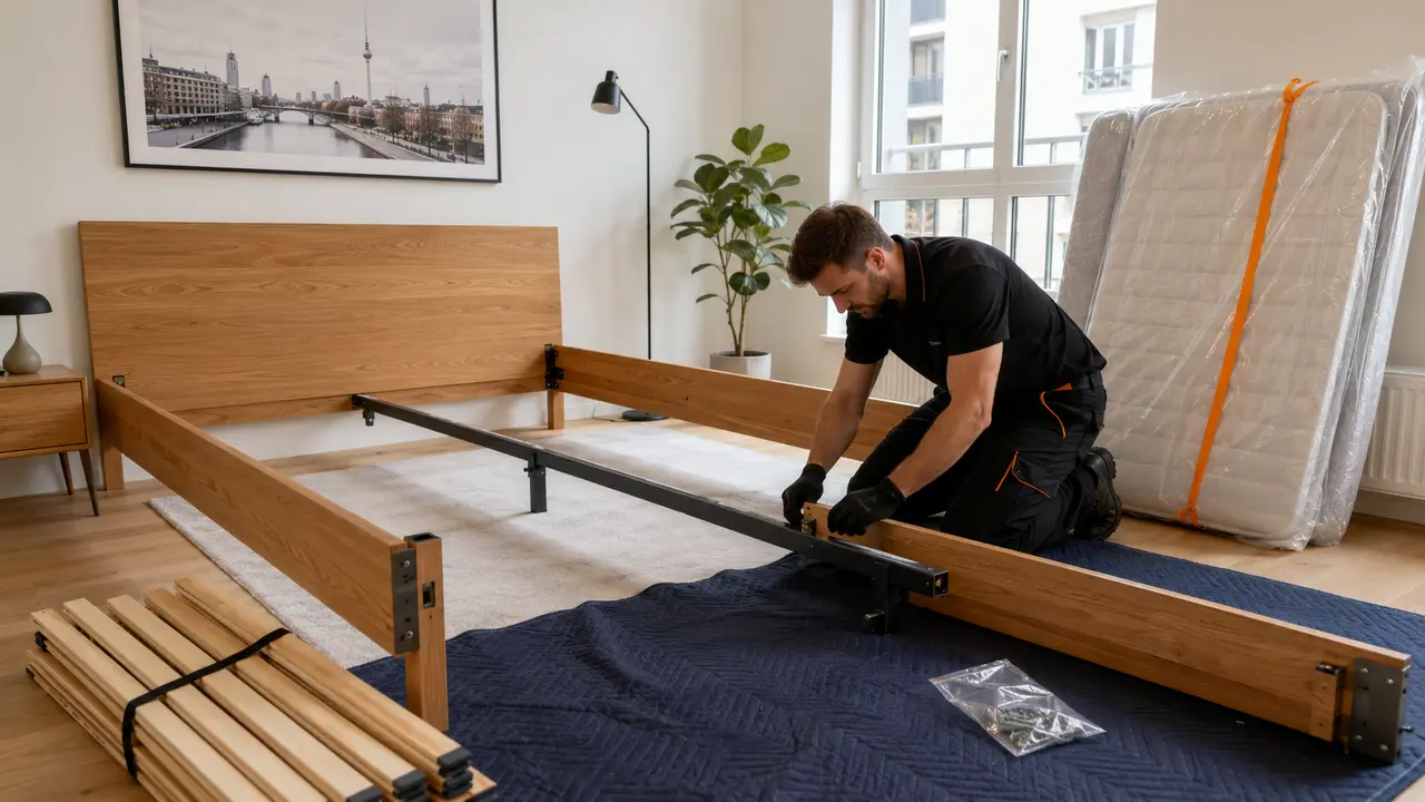 Bettgestell wird mit geschützter Matratze und sortierten Bauteilen demontiert
