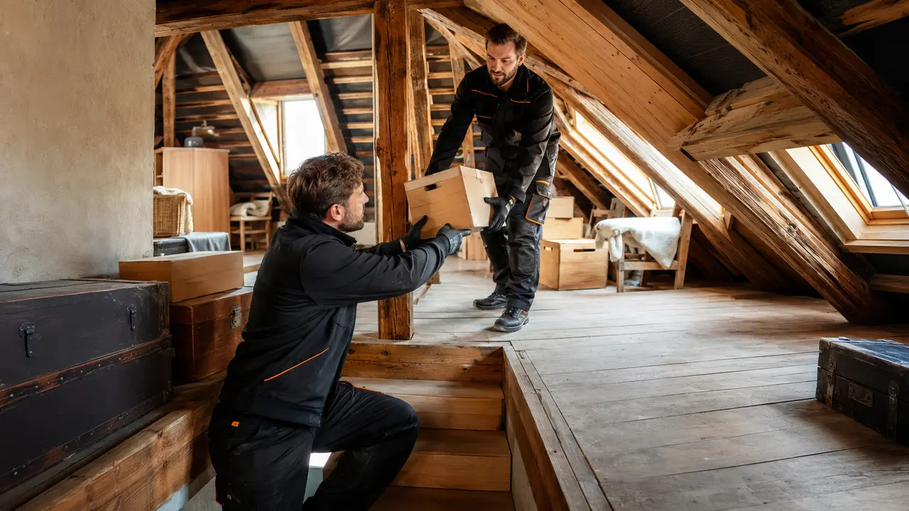 Sicher vorbereitete Dachbodenentrümpelung unter niedrigen Holzbalken