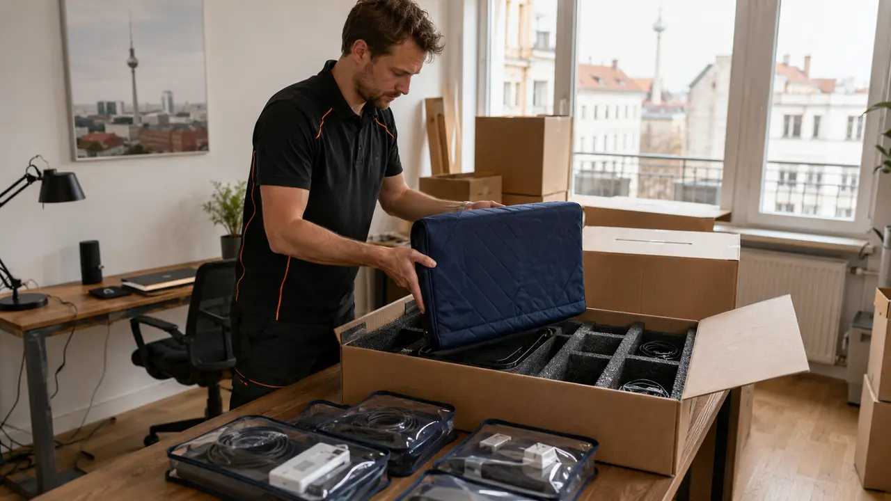 Monitor Kabel und Zubehör werden getrennt und stoßgeschützt für einen kleinen Umzug verpackt