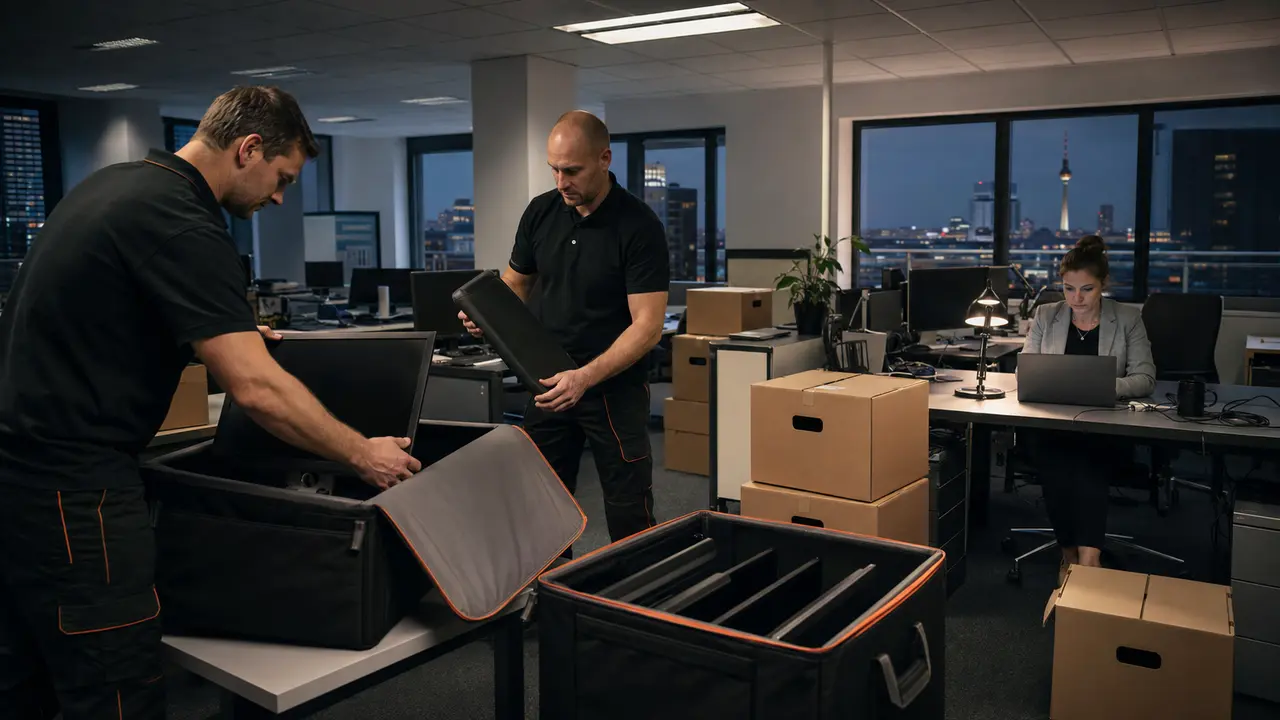 Computer und Akten werden bei laufendem Arbeitsplatz für einen kleinen Bürotransport geschützt