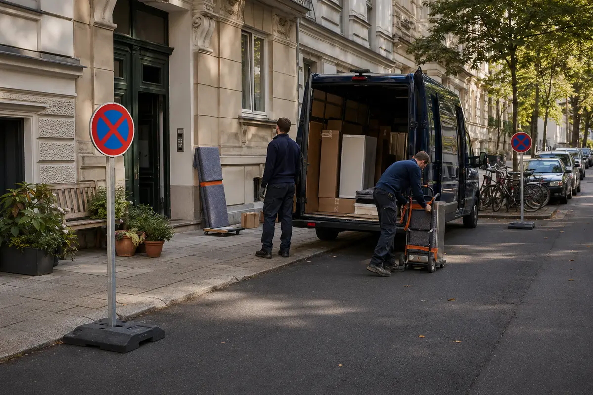 Temporäre Halteverbotsschilder sichern den Ladeweg für einen Berliner Umzug