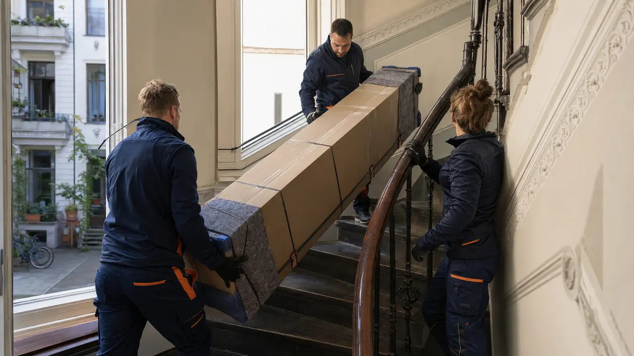 Langes Möbelpaket wird sicher durch ein Berliner Altbau-Treppenhaus getragen