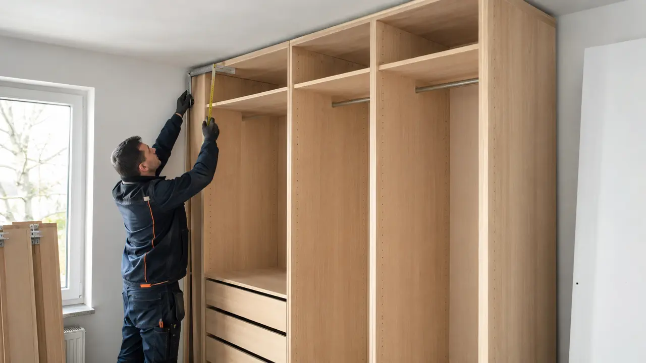 Hoher modularer Kleiderschrank wird vor dem Transport auf Zustand und Deckenabstand geprüft