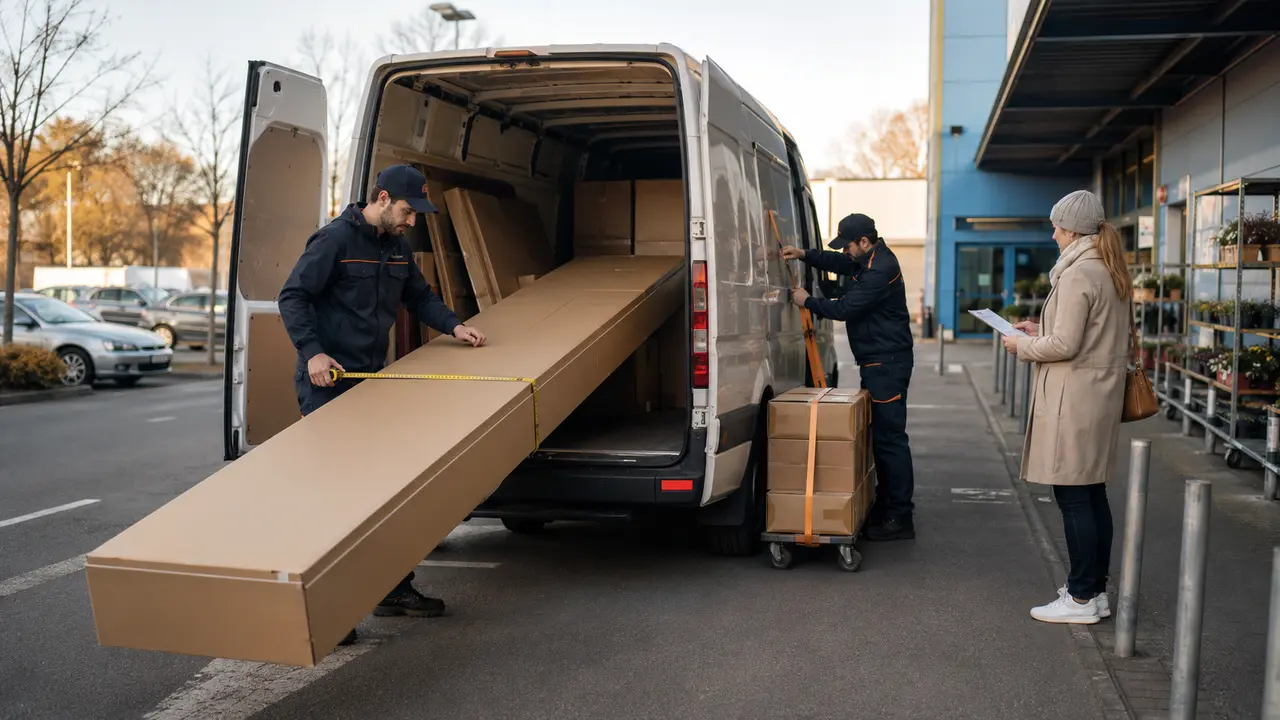 Sperriges Möbelpaket wird vor einer Abholung in Spandau ausgemessen