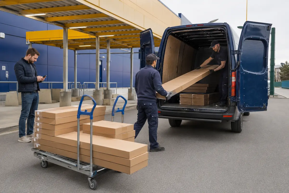Lange Möbelpakete werden bei einer Abholung in Berlin-Tempelhof in einen Transporter geladen