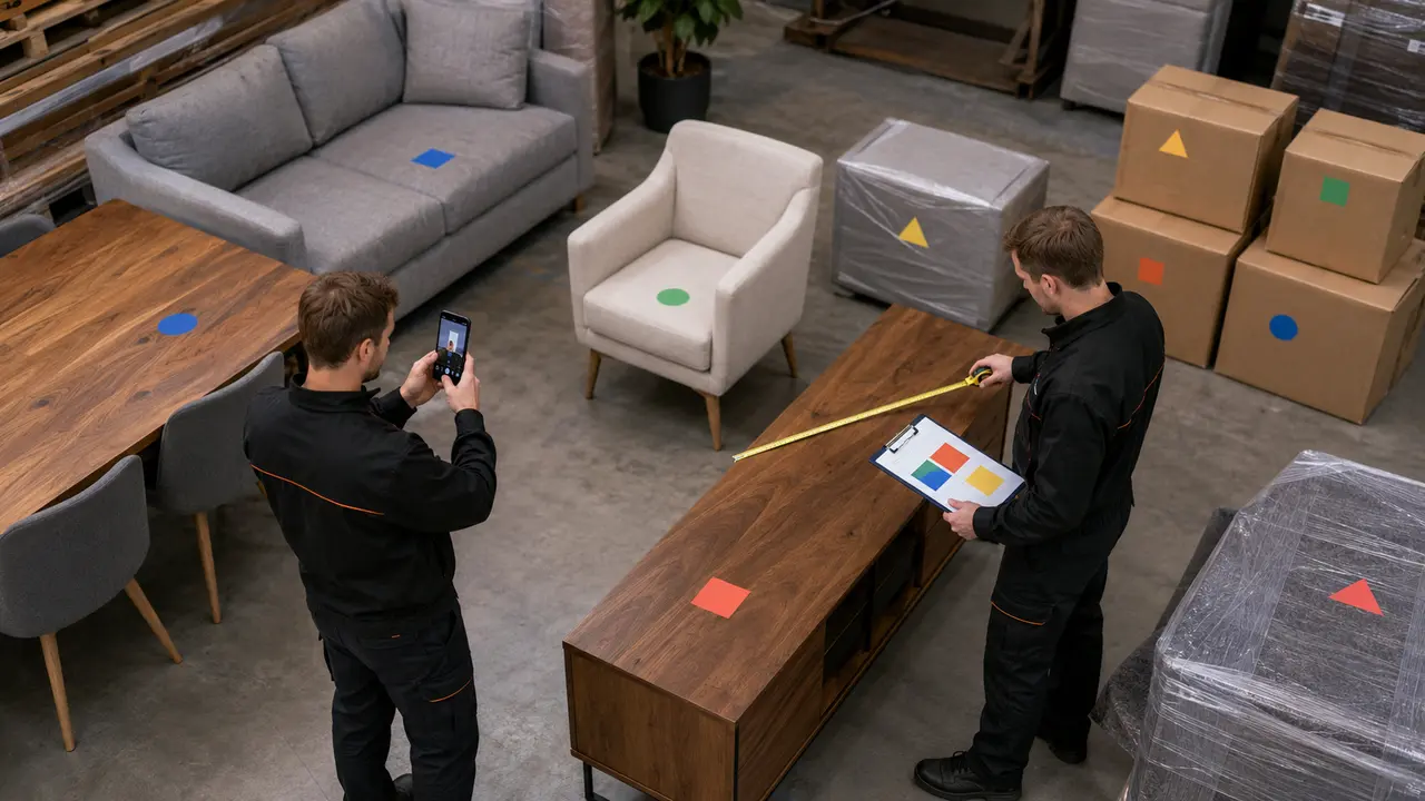 Möbel und Packstücke werden fotografiert gemessen und mit eindeutigen Farbsymbolen zugeordnet