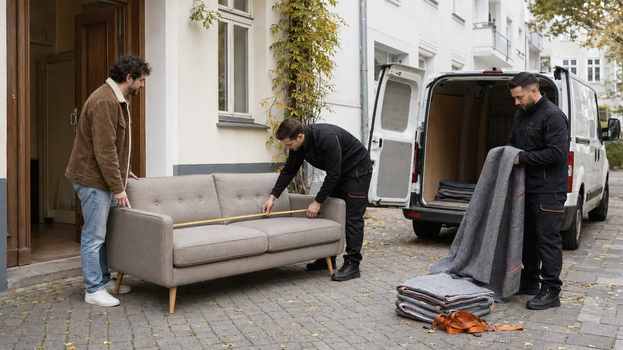Sofa wird bei einer Kleinanzeigen-Abholung in Berlin gemessen und für den Transport geschützt