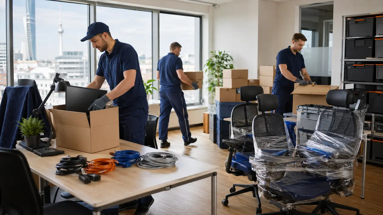 Monitore Bürostühle und Kabel werden für einen Berliner Firmenumzug verpackt