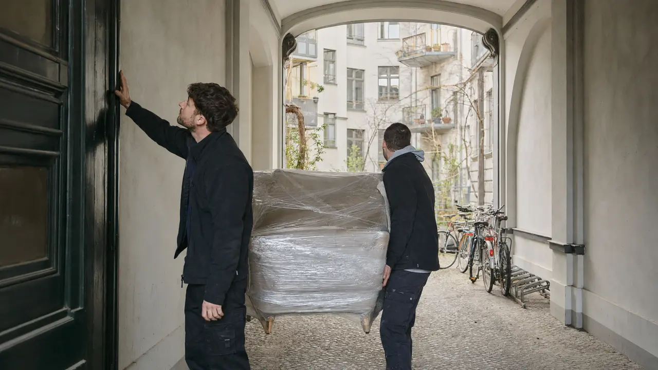 Möbeltransport durch einen engen Berliner Altbau-Hinterhof