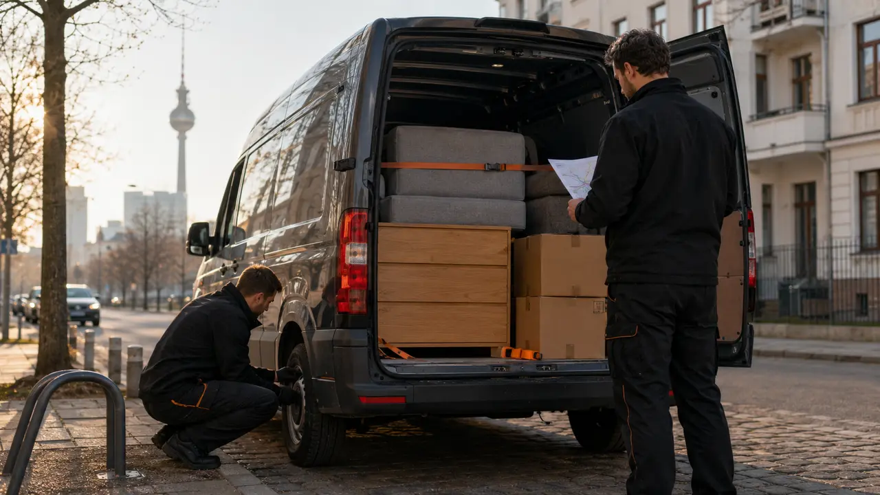 Kleiner Möbeltransport wird in Berlin für die lange Fahrt nach Hamburg sicher verladen