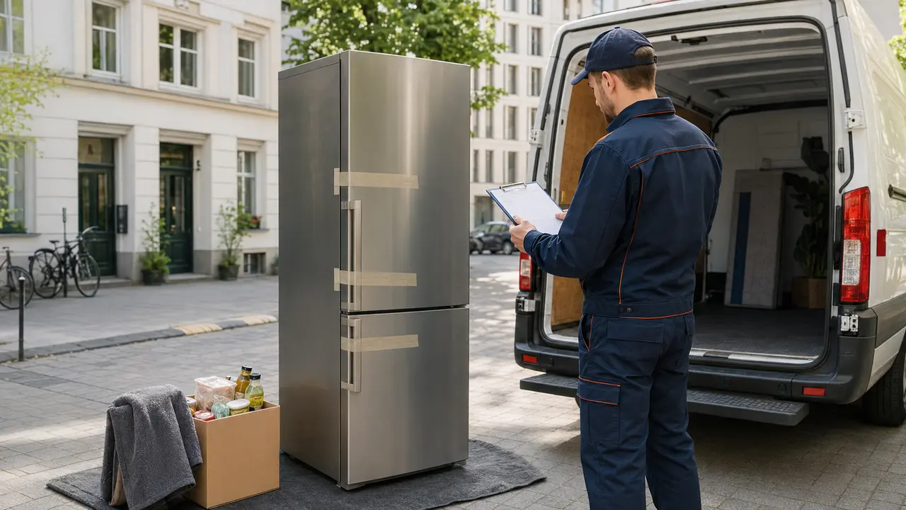 Vorbereiteter Kühlschrank vor einem Möbeltransport in Berlin
