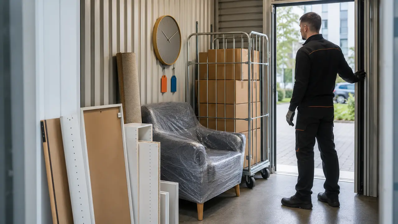 Kurzfristig eingelagerte Möbel und Kartons stehen für einen schnellen Zugriff nahe dem Ausgang