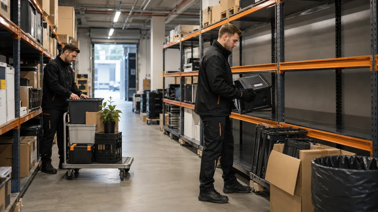 Systematische Räumung eines Berliner Lagers mit sortierten Regalen und Transportwagen