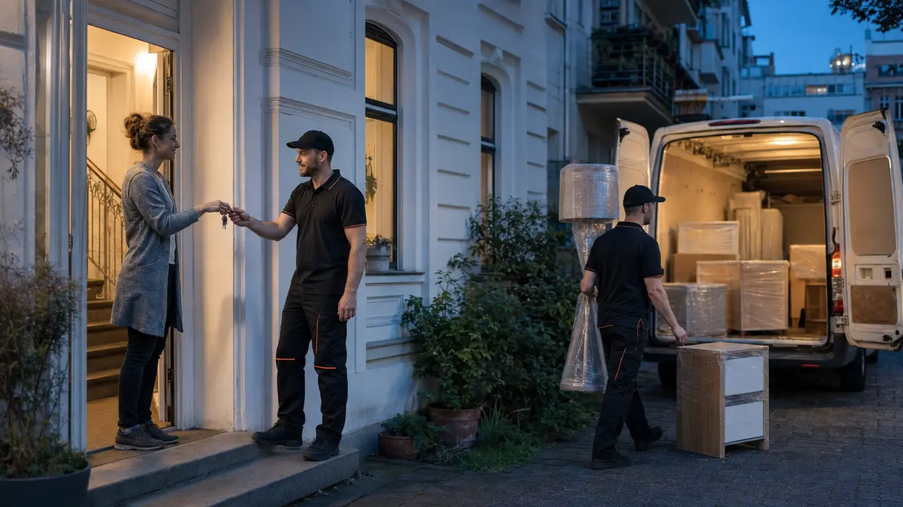 Ruhiger Möbeltransport am Abend mit beleuchtetem Zugang und abgestimmter Schlüsselübergabe