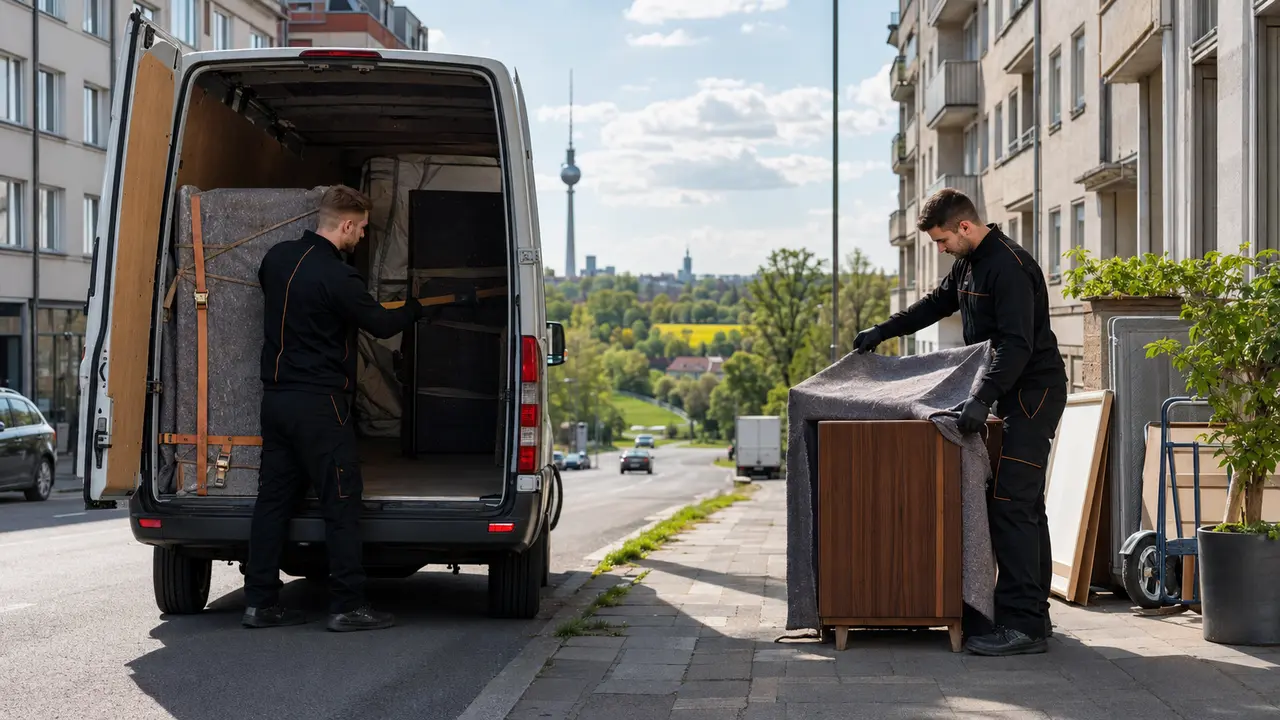Möbeltransport wird am Berliner Stadtrand für die Weiterfahrt nach Brandenburg vorbereitet