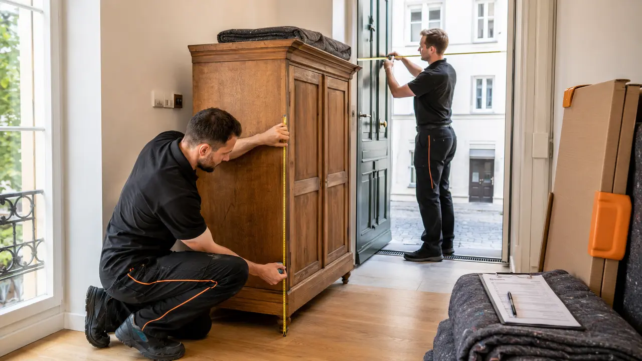 Zwei Möbelträger messen einen Schrank und den Zugang vor einem Möbeltransport in Berlin