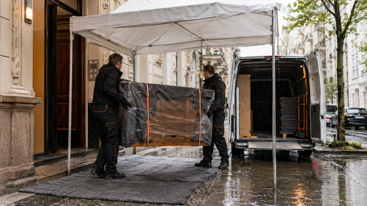 Geschütztes Möbelstück wird bei Regen über einen kurzen überdachten Weg trocken zum Transporter getragen