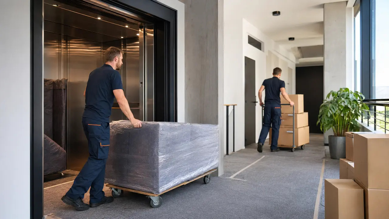 Möbeltransport mit Aufzug und Bodenschutz in einem Berliner Neubau