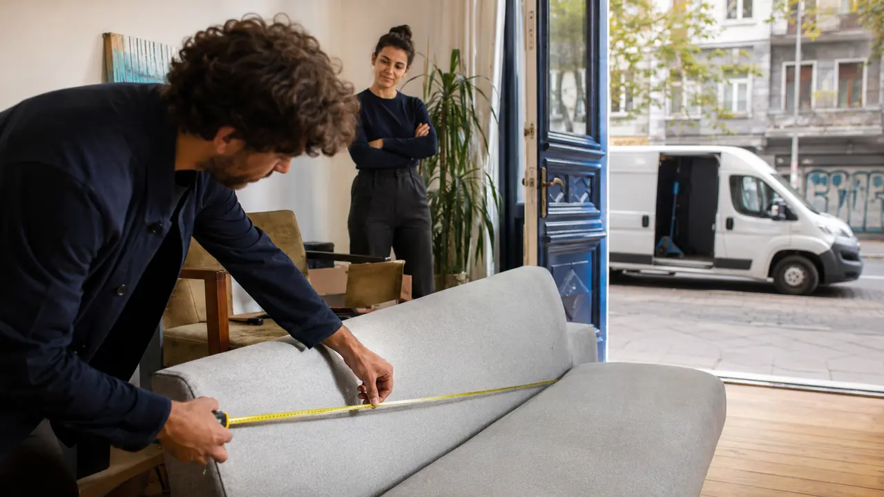 Sofa aus einer Berliner Kleinanzeige wird vor der Abholung ausgemessen