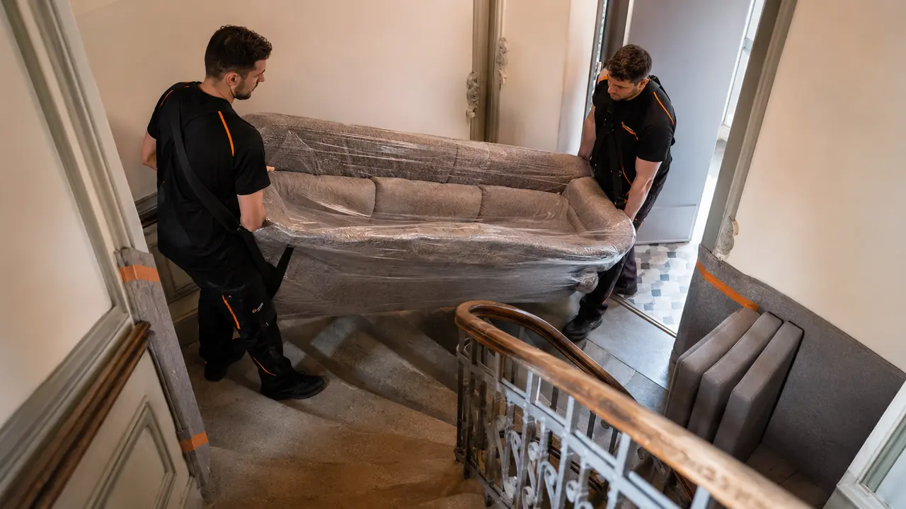 Geschütztes Sofa wird sicher durch ein enges Berliner Treppenhaus getragen