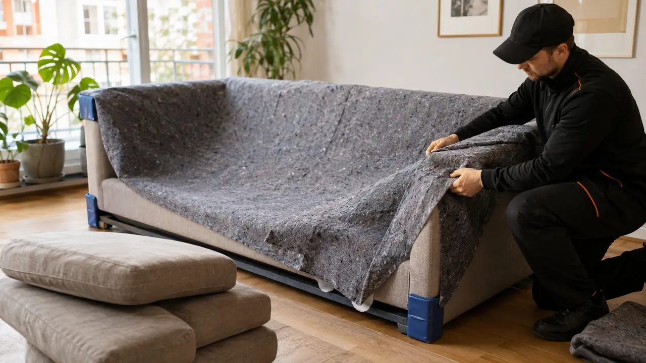 Sofa wird mit Polsterschutz Kantenschutz und atmungsaktiver Decke für den Transport vorbereitet