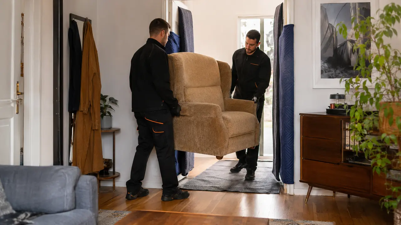 Ein einzelner sperriger Sessel wird geschützt aus einer Berliner Wohnung getragen