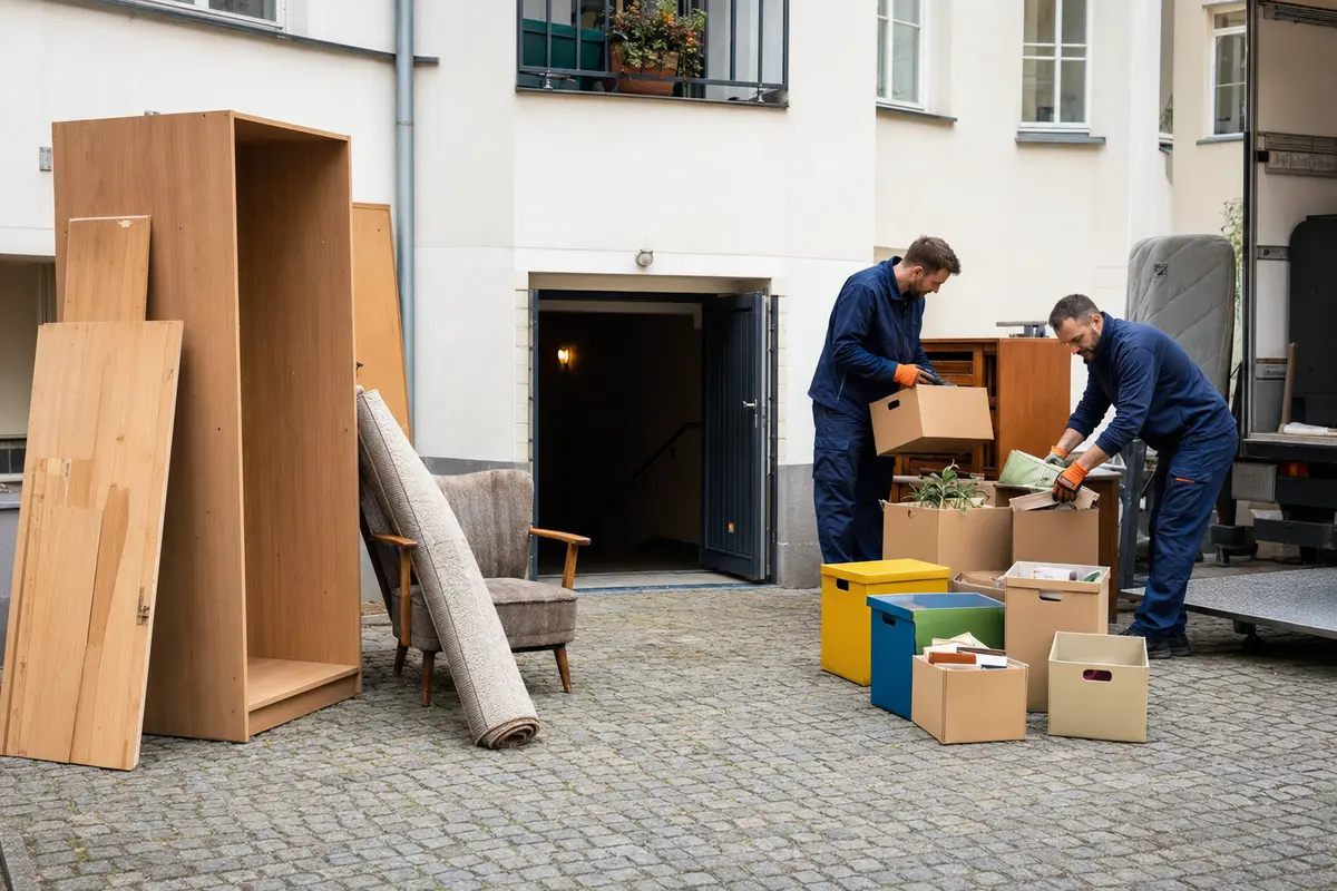 Sortierte Möbel und Kartons bei einer Entrümpelung in einem Berliner Innenhof
