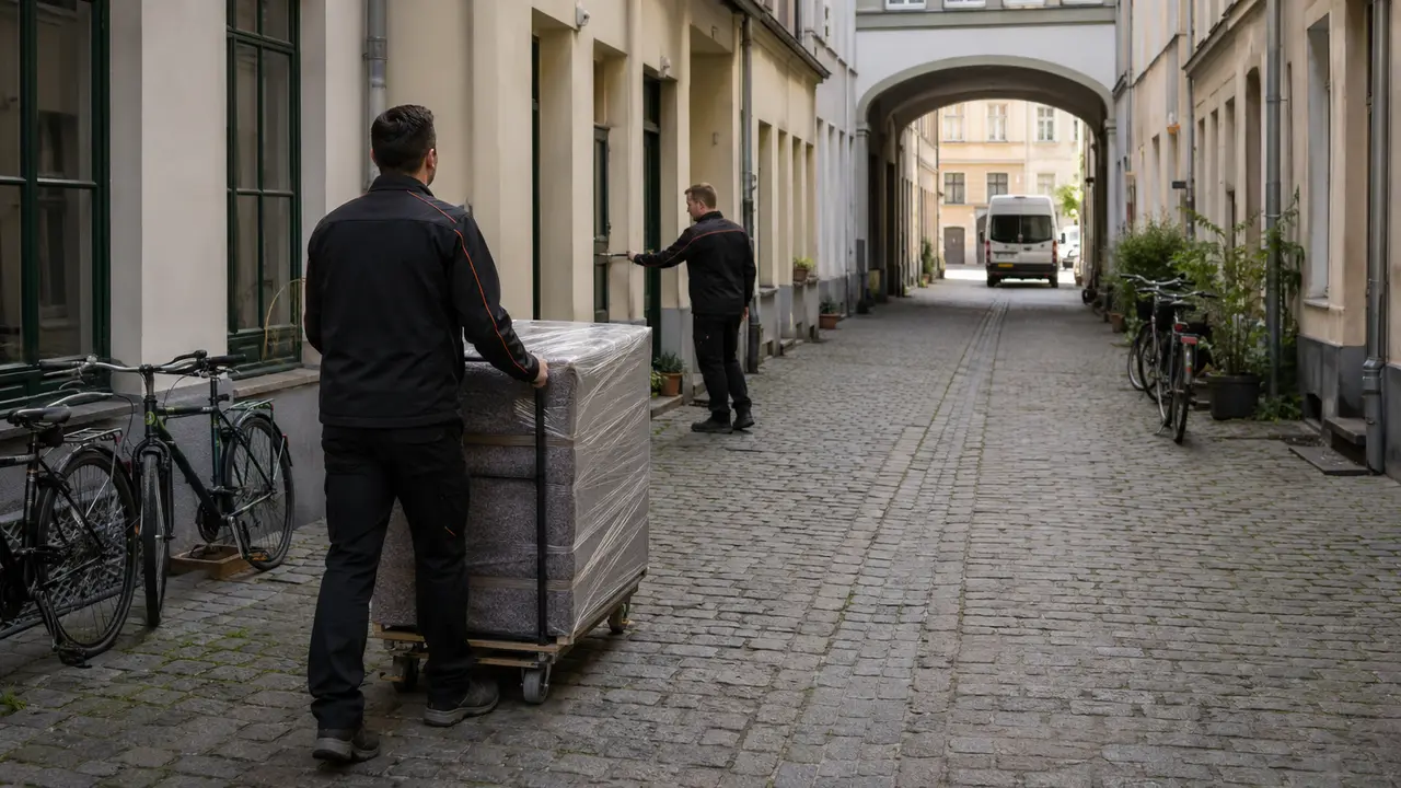 Langer Trageweg durch einen Berliner Hinterhof bis zum Transportfahrzeug