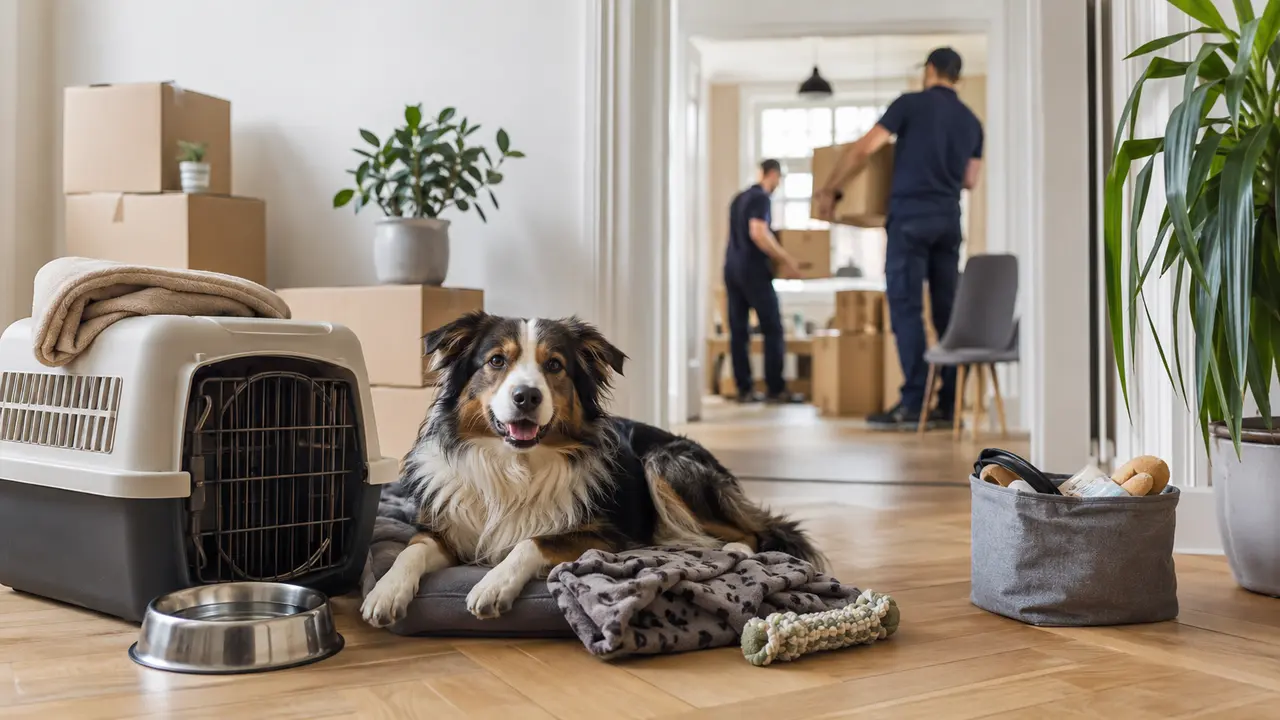 Ruhiger Hund und Transportbox in einem geschützten Bereich am Umzugstag