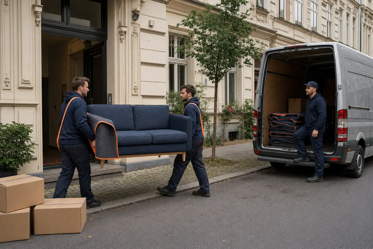 Tragehelfer laden ein Sofa in einen Transporter vor einem Berliner Altbau
