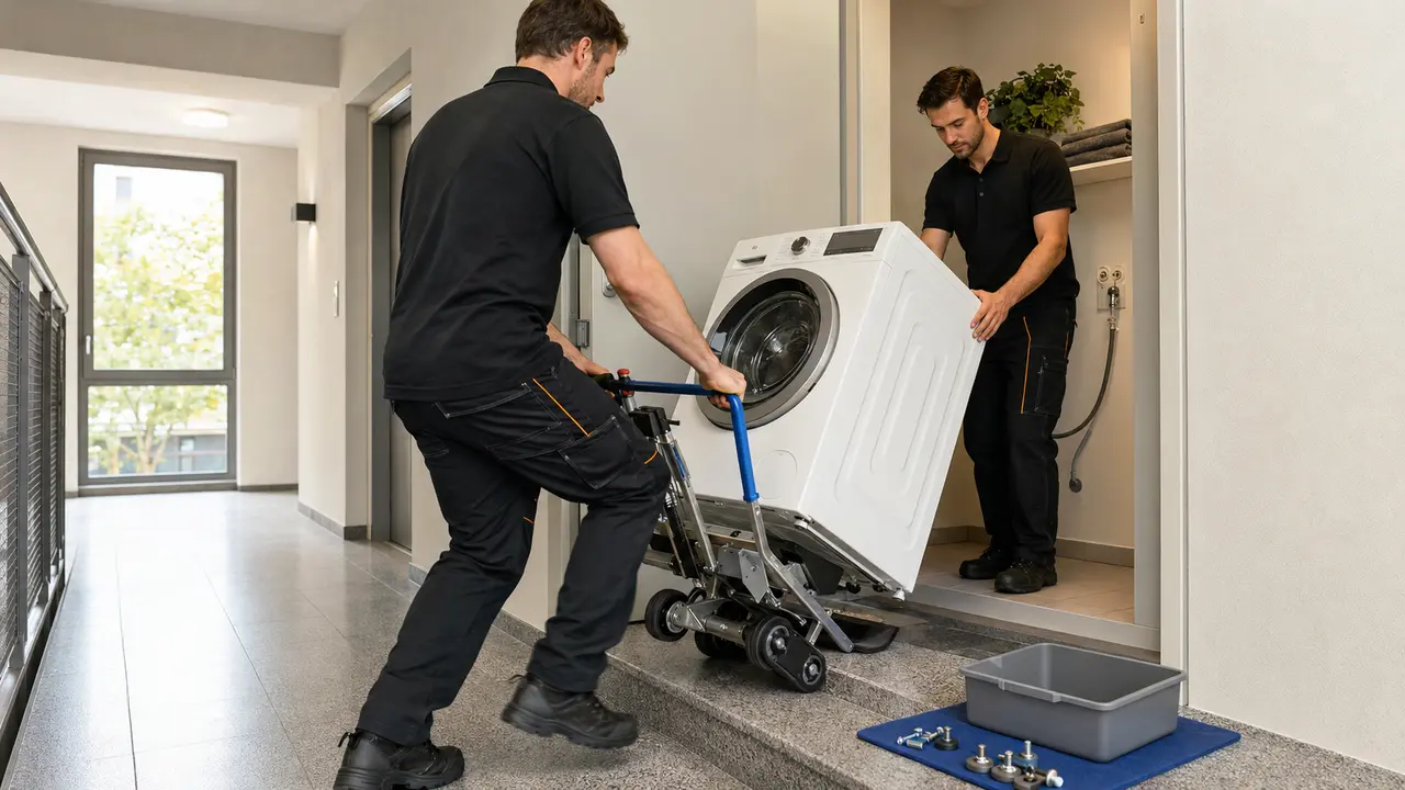 Waschmaschine wird mit einem geeigneten Transportgerät sicher bewegt