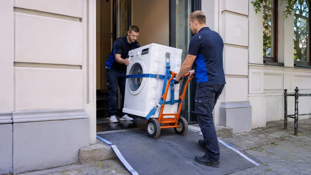 Waschmaschine wird auf einer Sackkarre für den Transport gesichert